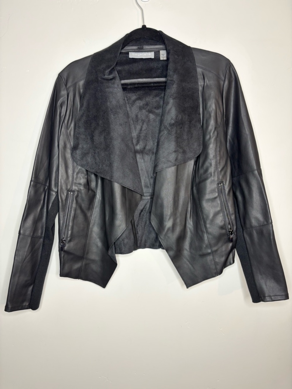 Bagatelle Black Faux Leather Draped Open Front Jacket Medium